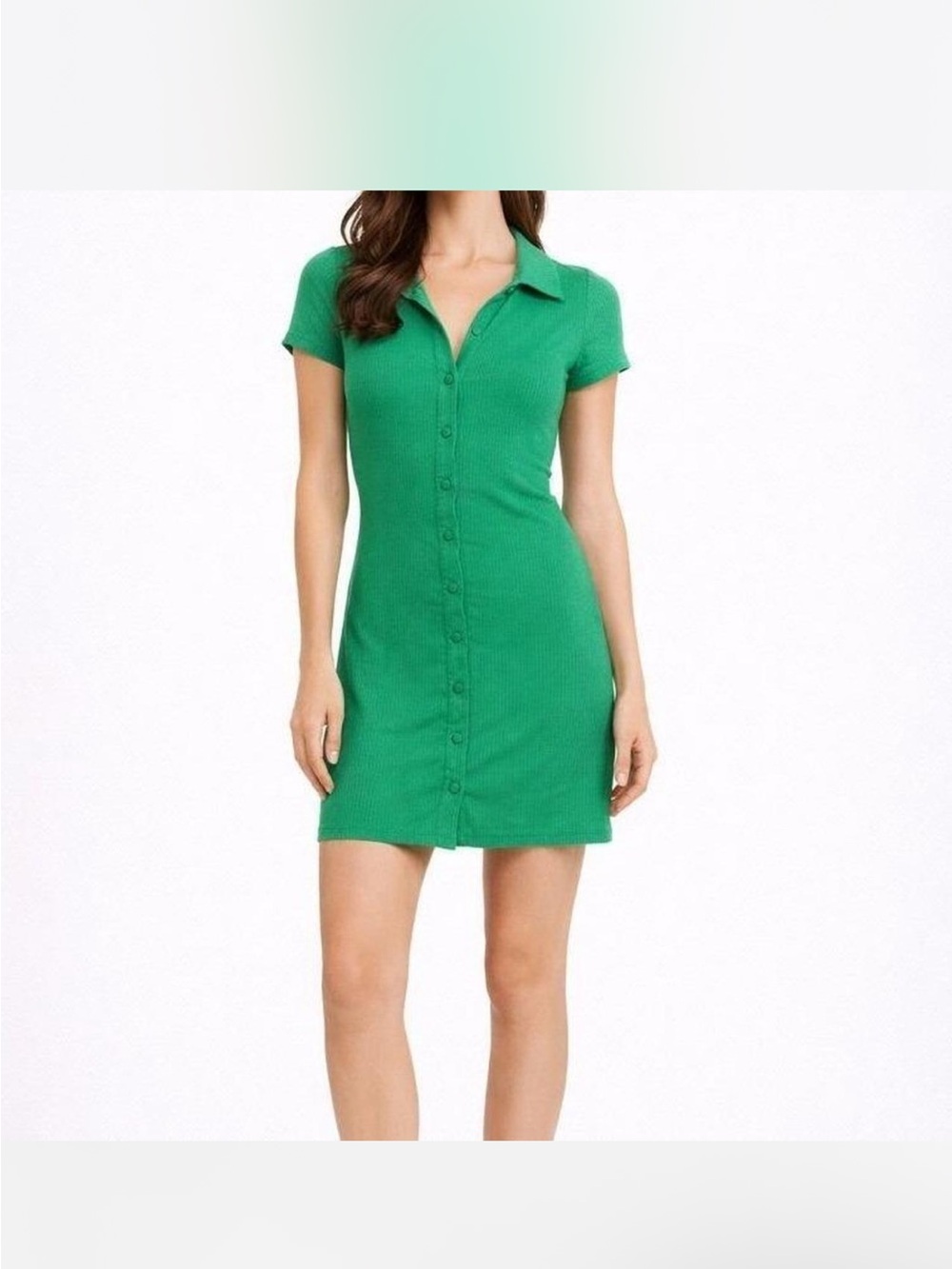 AFRM Green Button-Front Ribbed Mini Dress